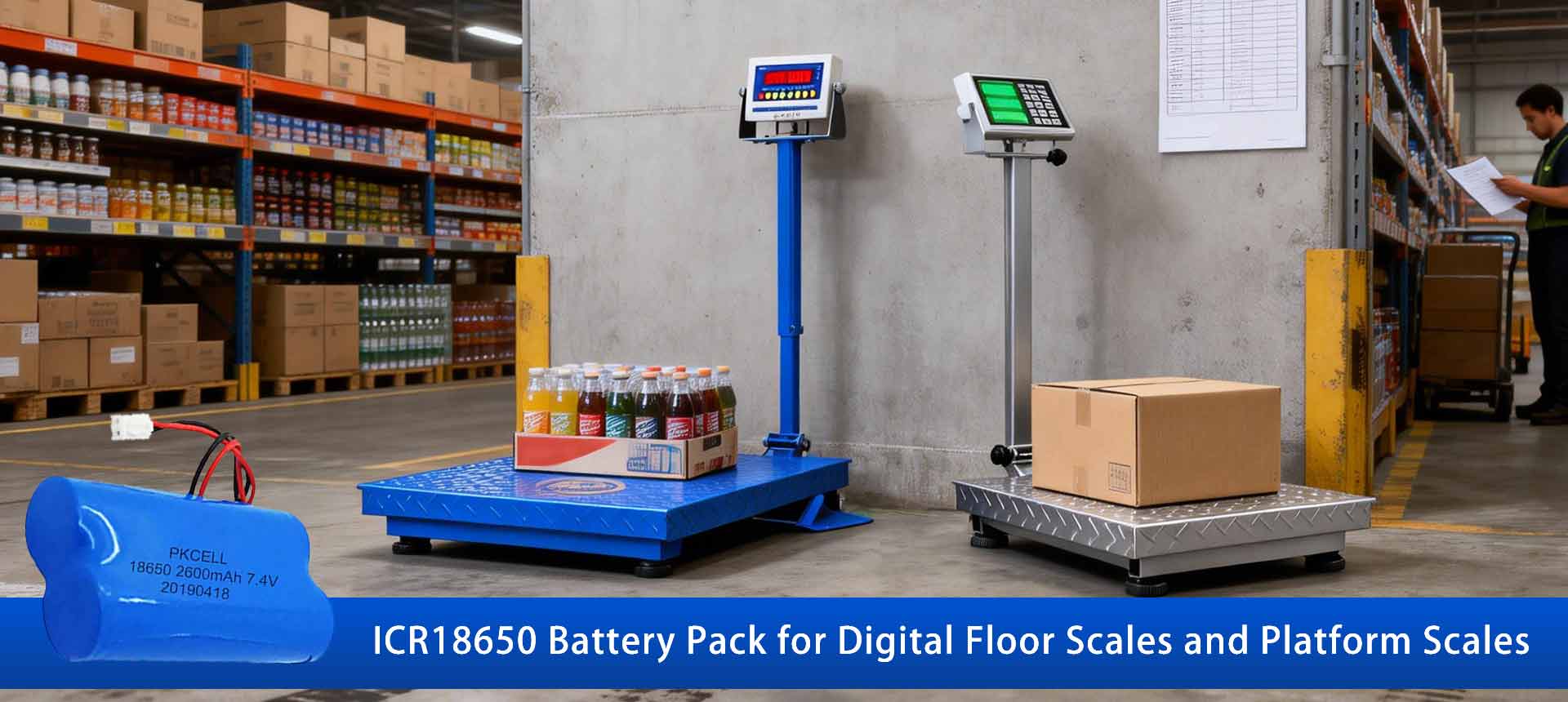 A 2s1p ICR18650 battery pack is on the left, and two digital floor scales are as background